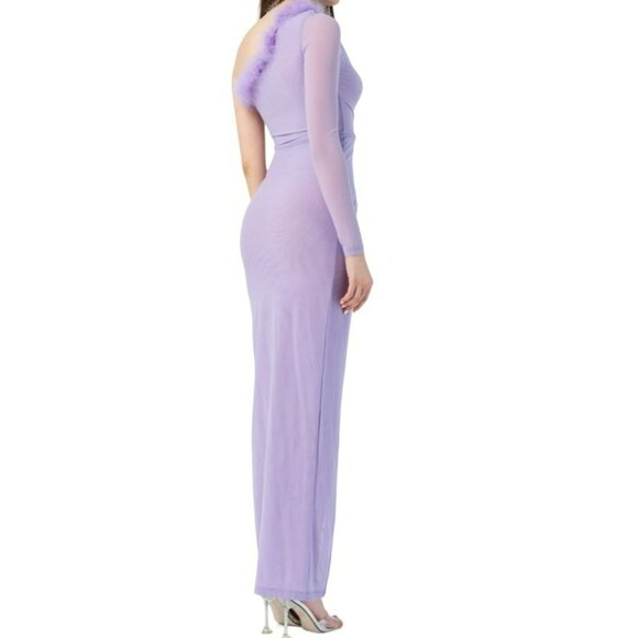 KikiRiki Feathered One Shoulder Front Slit Long Dress Lilac Purple Size Medium N - Picture 2 of 3